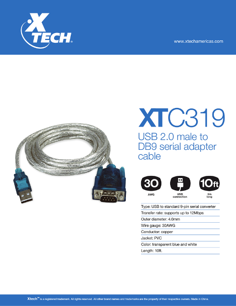 XTECH CABLE USB TO SERIAL DB9 10FT