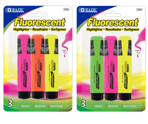 3 PCS FLUROSCENT HIGHLIGHTERS (CHISEL TIP)